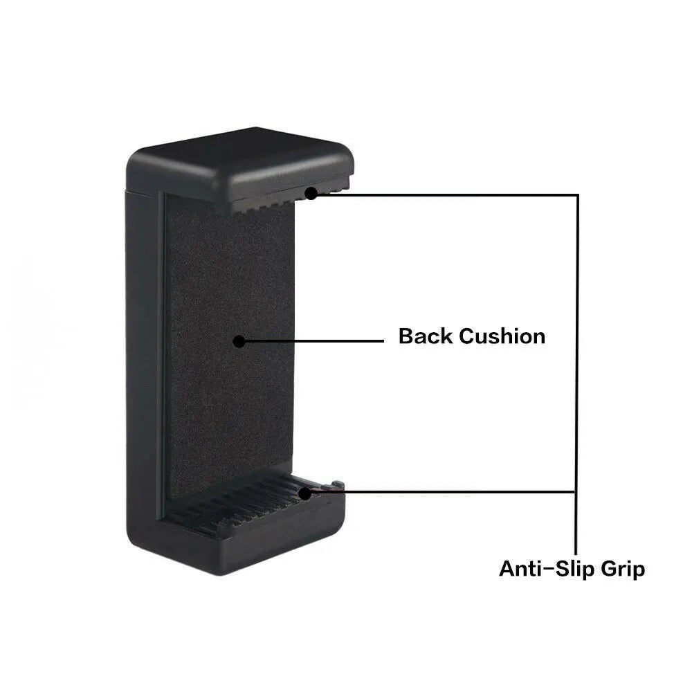 Black plastic phone holder with rotating clamp on a desk