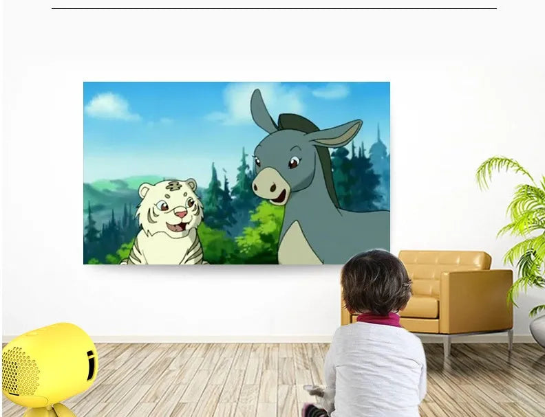 YG220 white and yellow LED projector showing adjustable 24-80 inch screen size projection