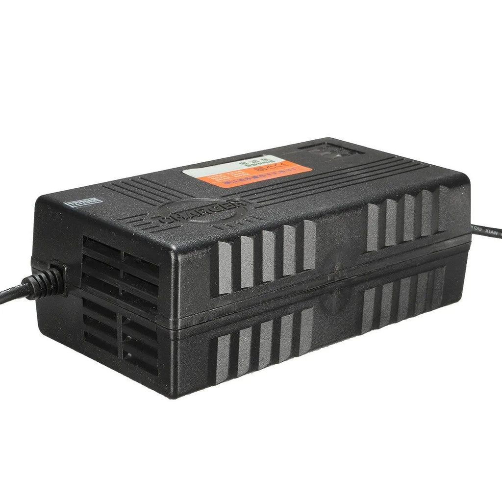 72V20AH electric car charger for lead-acid batteries with compact black housing.