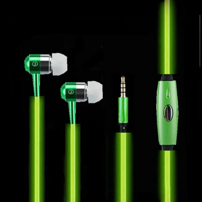 Blue LED light-up earphones with aluminium alloy shells and remote control microphone on cable