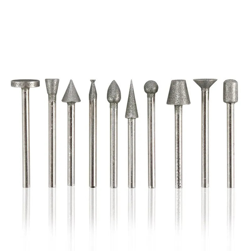 Set of alloy diamond grinding heads with elliptical cone shape and 3mm shank for glass jade stone craft work