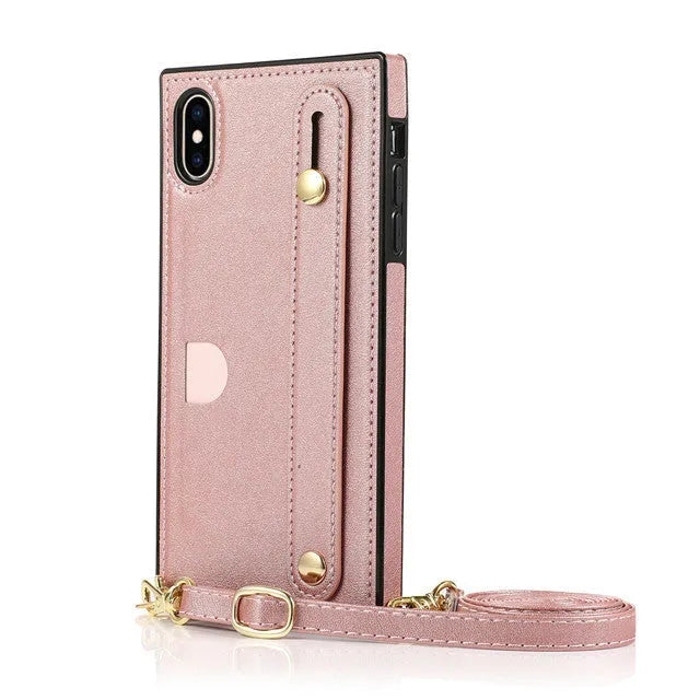 Leather messenger phone case with card holder and wristband for iPhone in five colour options