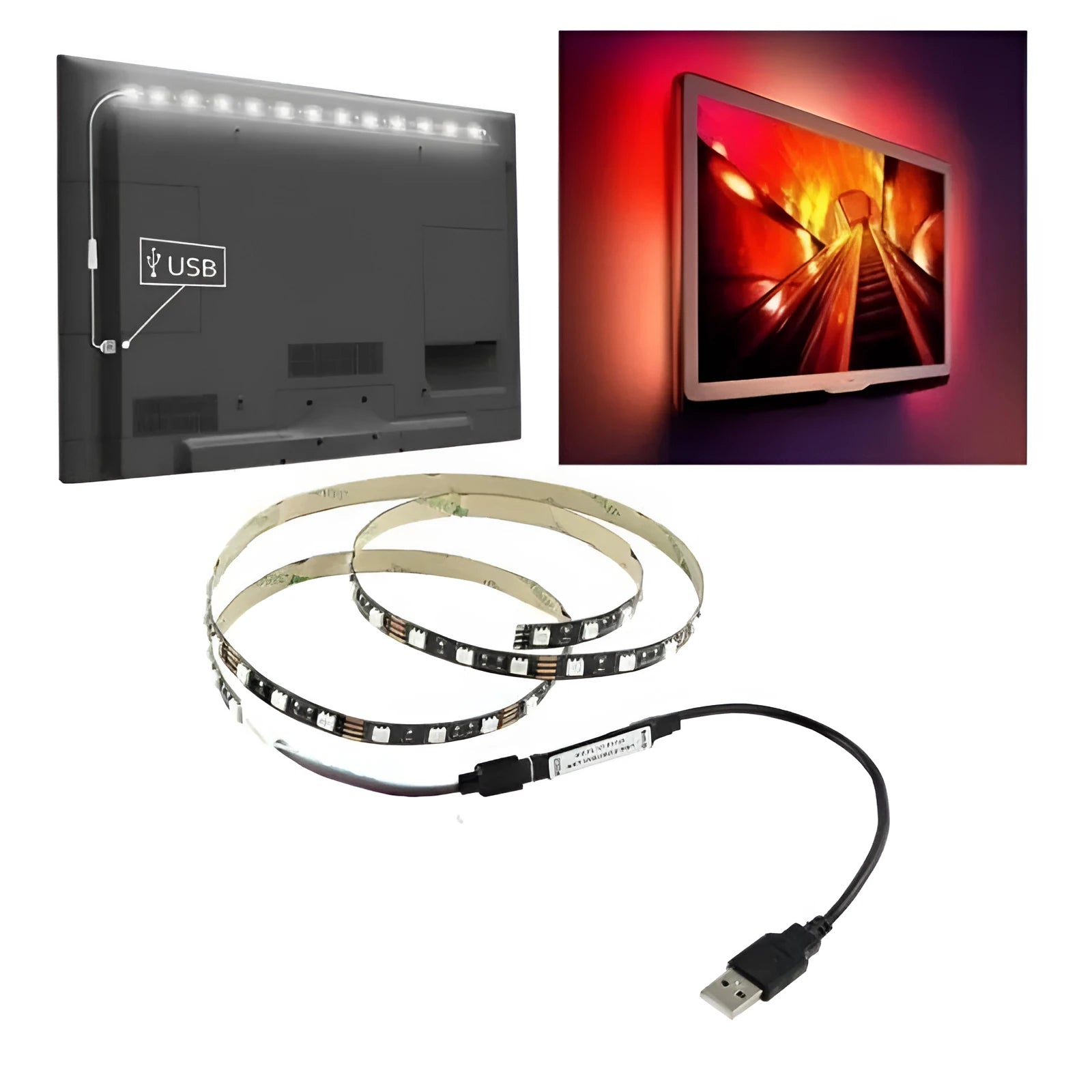 1-metre long flexible USB LED light strip showing multiple SMD5050 LEDs, with a connected 50cm USB cable.