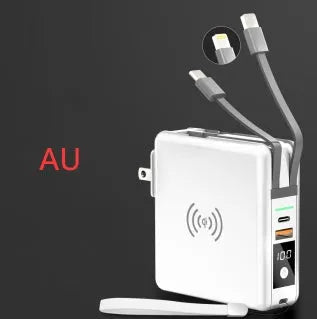 Black and white 10000mAh power bank with wireless charging, a fold-out plug, and international travel adapters.