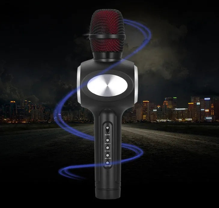 Yaerjia E108 handheld karaoke microphone in black, gold, or pink colour with built-in speakers.