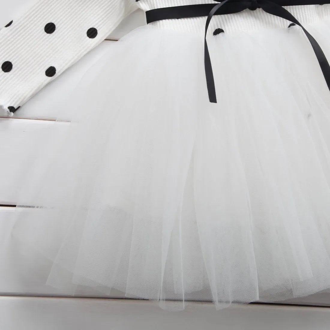 Baby girl in a long sleeve black tutu lace dress for a birthday party or christening