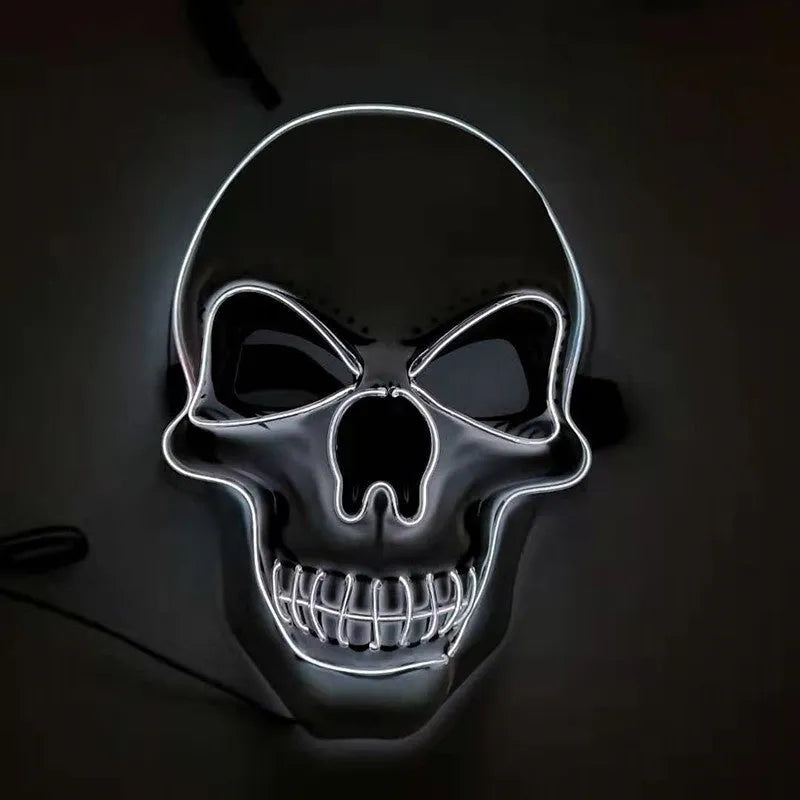 Skull LED glowing Halloween mask with EL wire, available in multiple colours, on a black background
