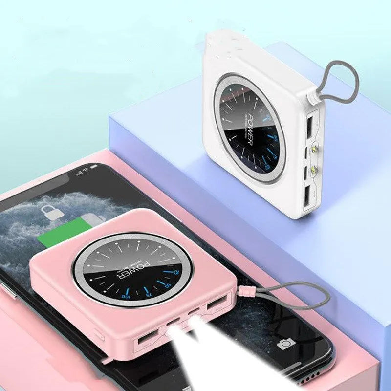 Compact alloy case mini power bank in pink, black, green, or white, showing multi-USB ports.