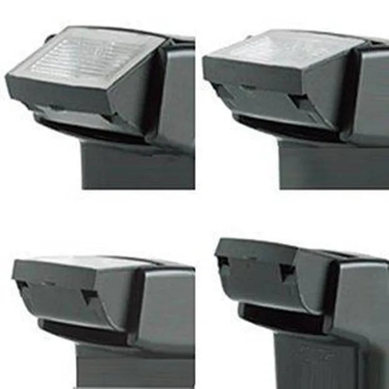 Silver hot shoe camera flash unit with head tilted upwards, shown mounted on an SLR camera