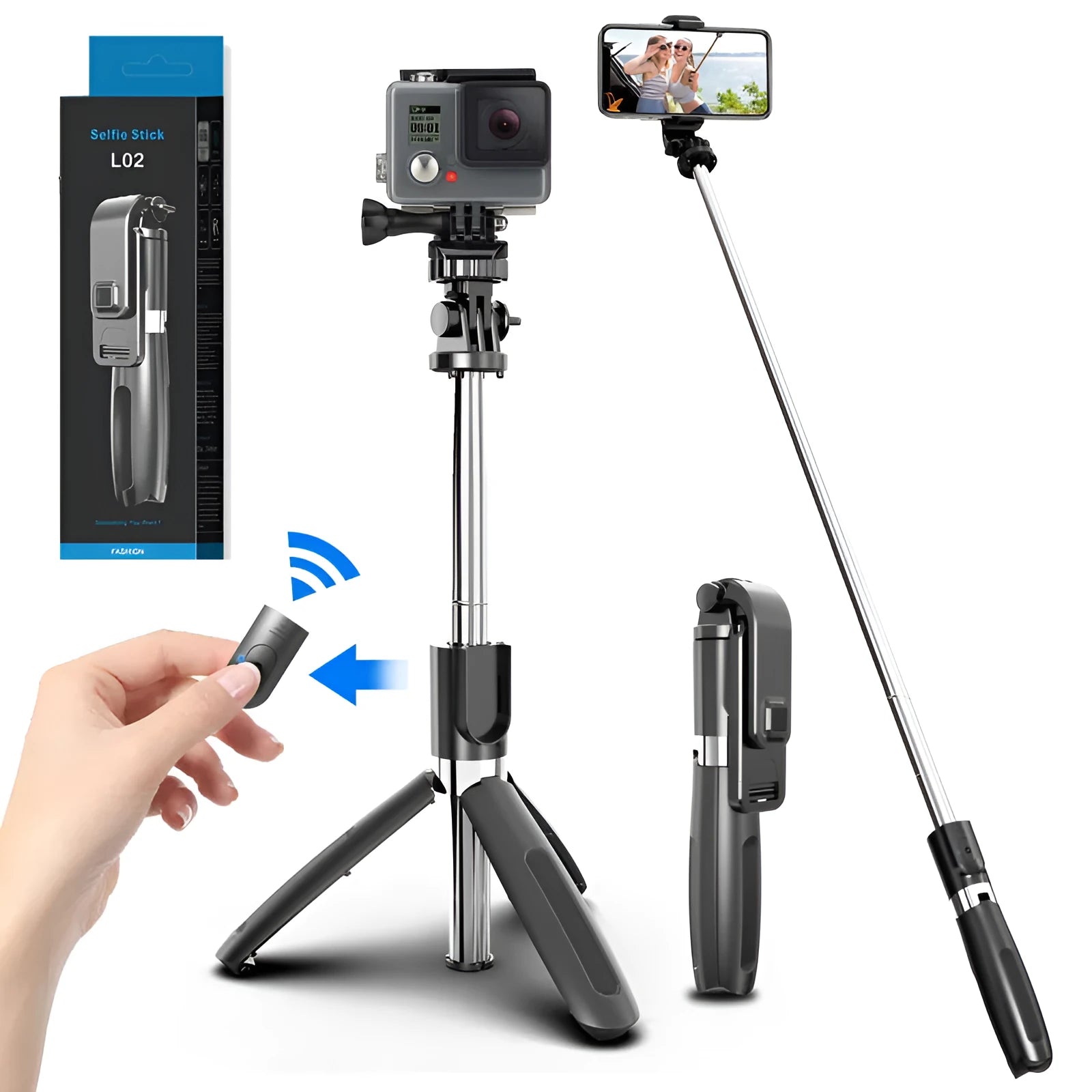 Black and white adjustable Bluetooth selfie stick tripod with wireless remote control extended next to smartphone.