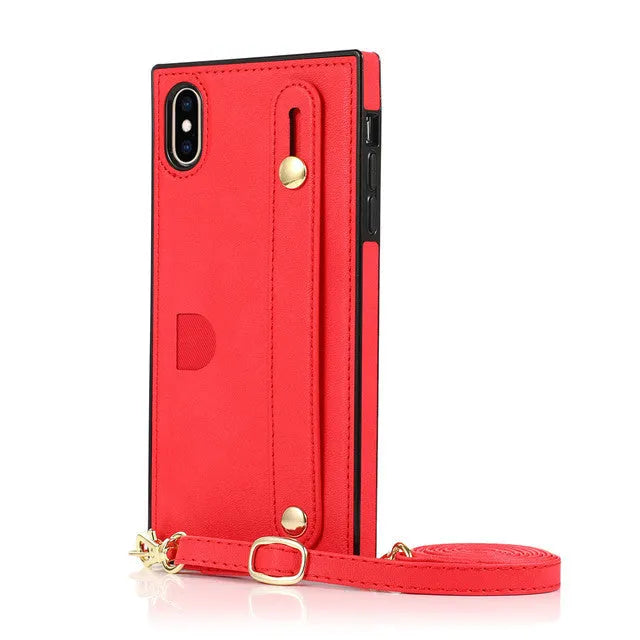 Leather messenger phone case with card holder and wristband for iPhone in five colour options