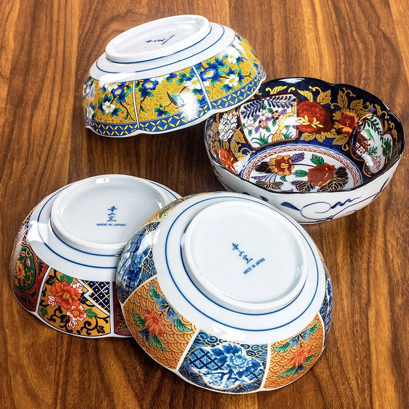 4-inch ceramic bowls with Japanese retro peony patterns in various colours including golden and green