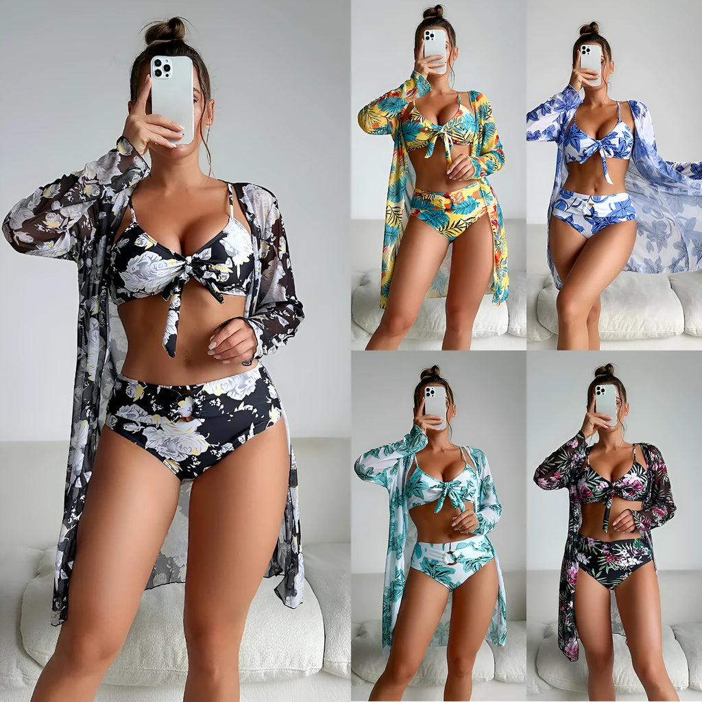 Women's three-piece multicolour printed bikini swimsuit set in polyester with high elasticity for swimming