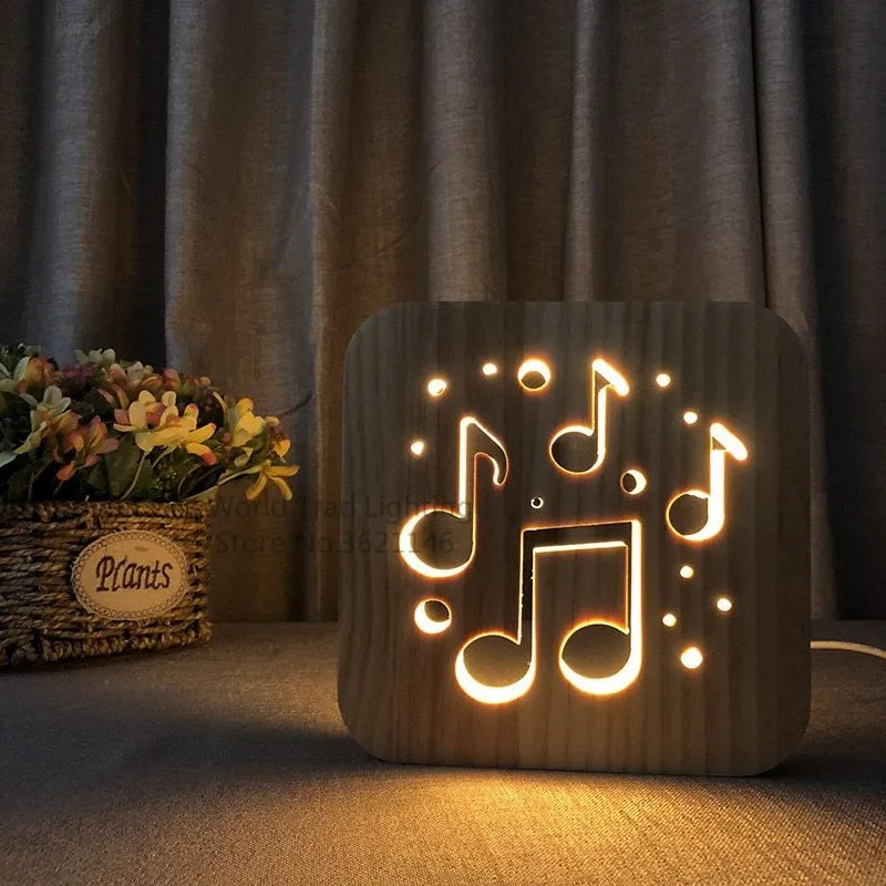 Square pine wood USB lamp emitting a warm white 3D patterned light on a surface.