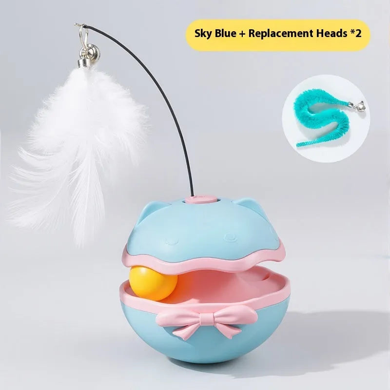 Electric cat toy tumbler with teasing stick in lemon yellow, sky blue and soft fog grey colour options