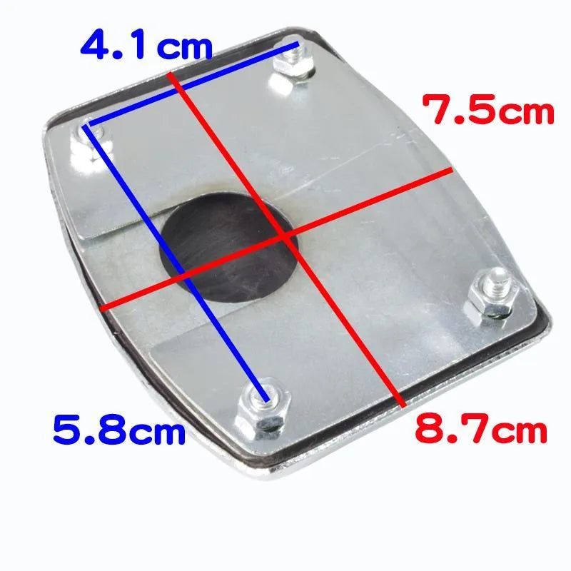 Metal motorcycle brake pedal skid plate showing foot pedal, square foot pedal, and small brake plate design options.