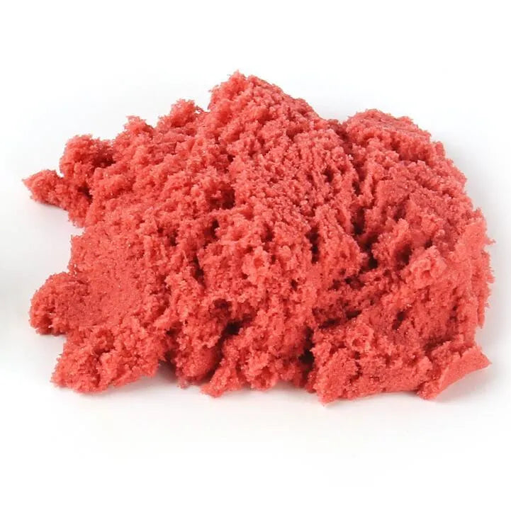 Kinetic space sand in multiple colours including blue, green, orange, pink, purple, red, rose, and sand colour in plastic bag packaging