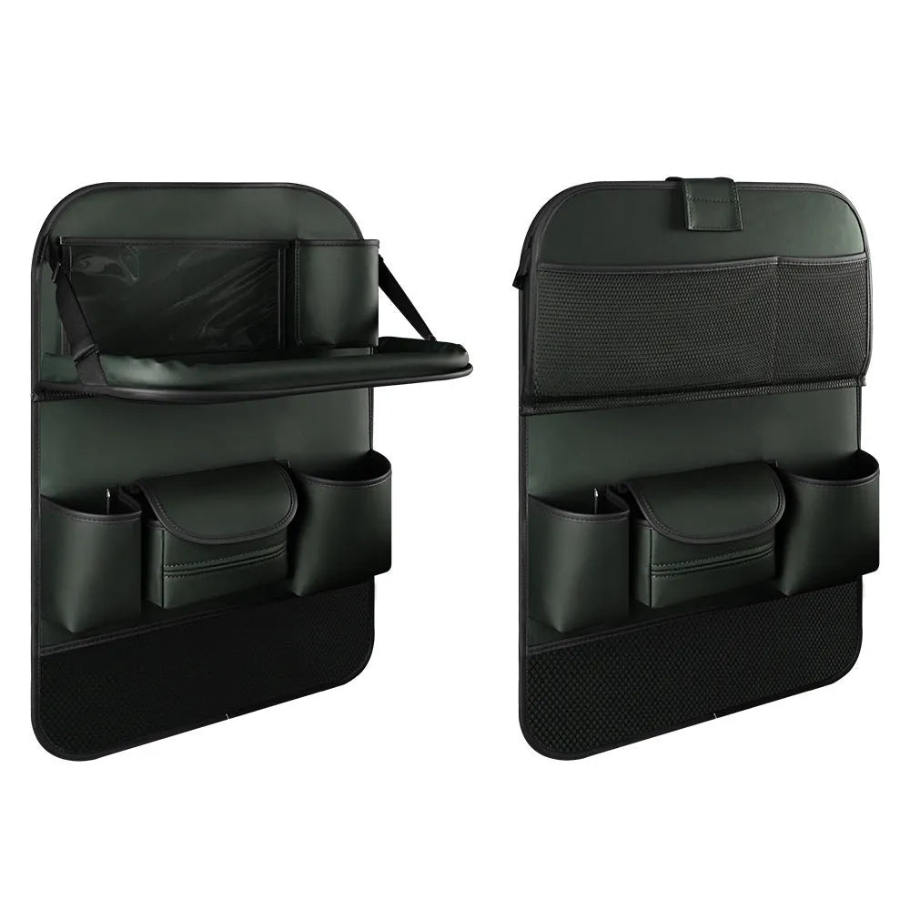 Car seat back storage bag with foldable dining table in leather, waterproof and pressure resistant, high grade gray colour