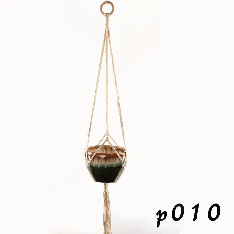 Woven wire cotton rope macramé plant hanger in a European village style, shown as a desktop, wall-mounted, and hanging basin.