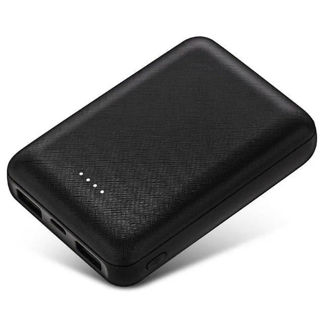 Black and white ultra-thin 10,000mAh power bank measuring 90x63x22mm with multiple USB ports