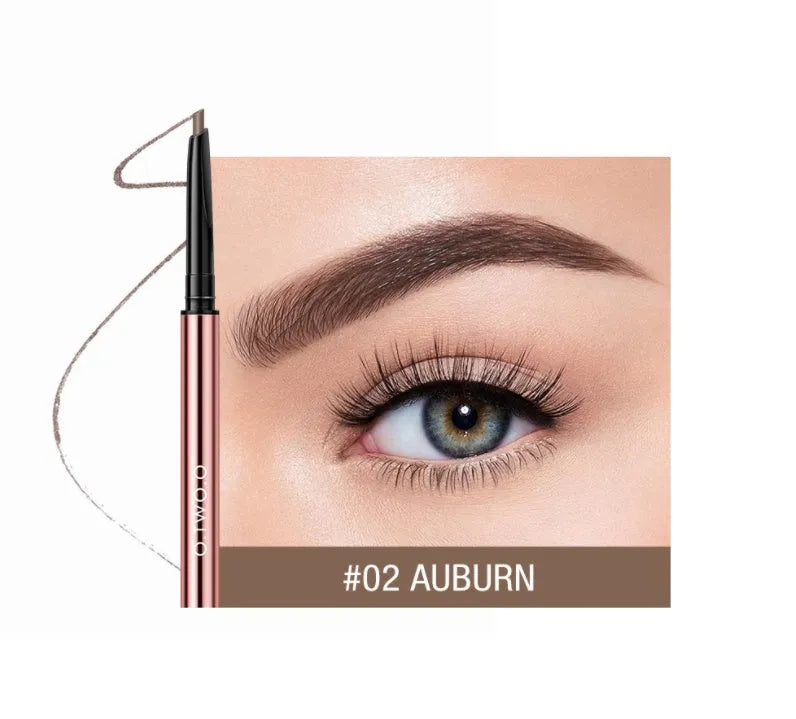 Slender eyebrow make-up pencil in a colour box, shown in six colour options including blonde and auburn.