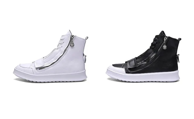 Men's black and white high-top sneaker style winter ankle boots made from PU leather microfiber.