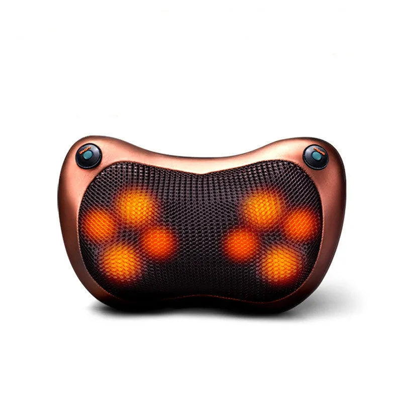 Electric infrared kneading massage pillow in black PU leather with control buttons and adjustable fixing strap for car seat use