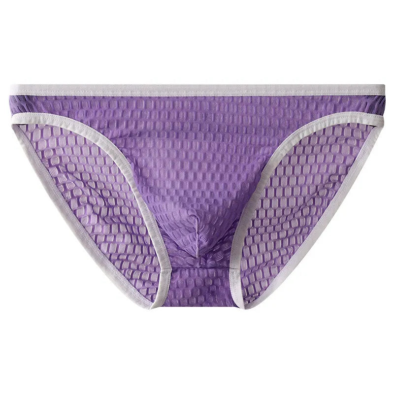 Men's low waist transparent lace underwear in multiple colours on a size chart background.