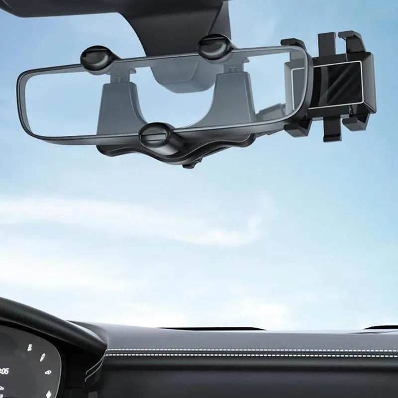 Black rearview mirror phone holder with 360-degree rotation and telescopic arm extended