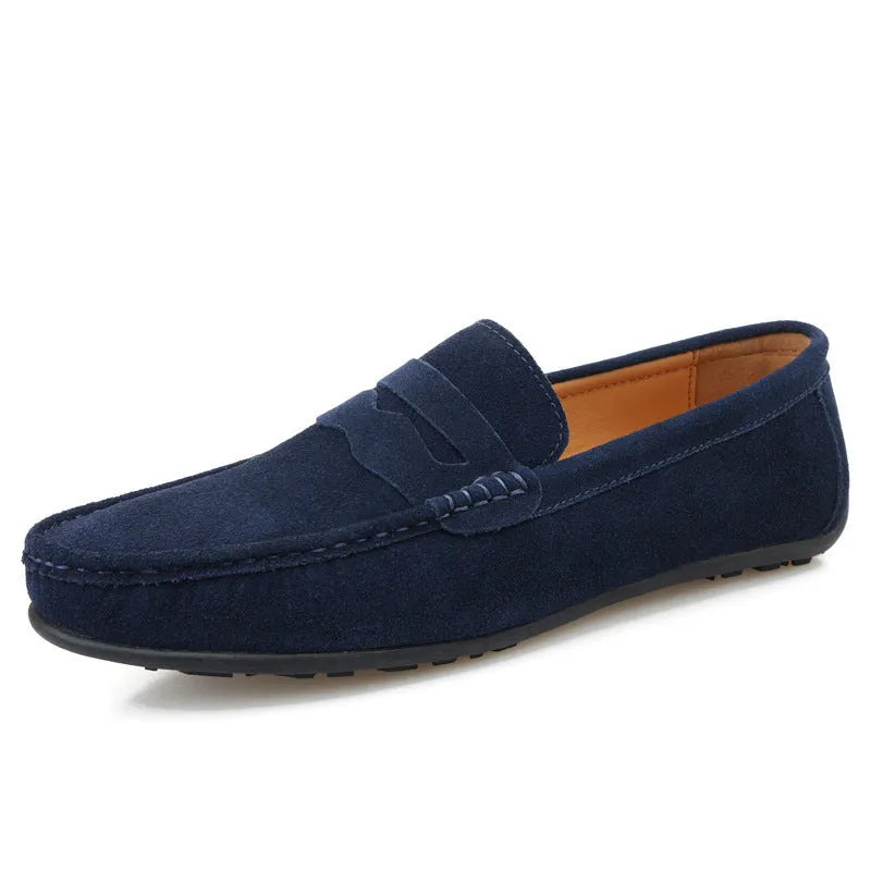 Men's suede leather loafers in solid colours with round toe and flat rubber sole