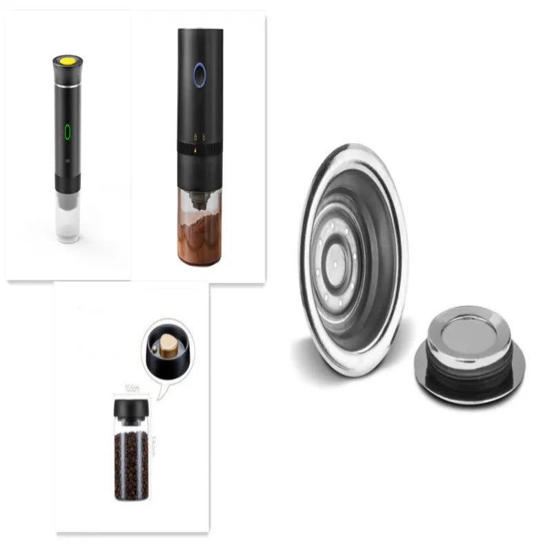 3-in-1 portable espresso maker in white with USB charging cable and ground coffee capsule compartments