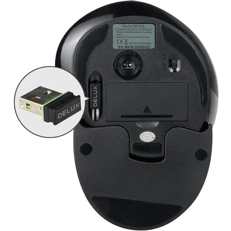 M 618 wireless vertical ergonomic mouse in black and white colours, shown next to a USB receiver.
