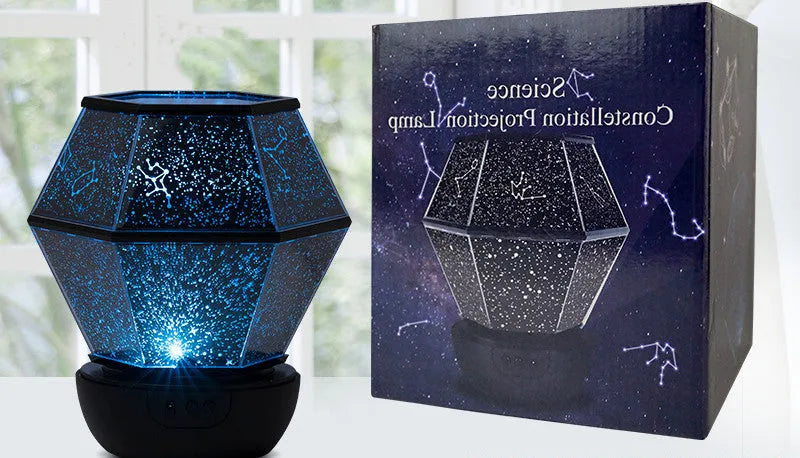 Children's rotating stars LED constellation projector night light showing colourful star patterns on a wall.