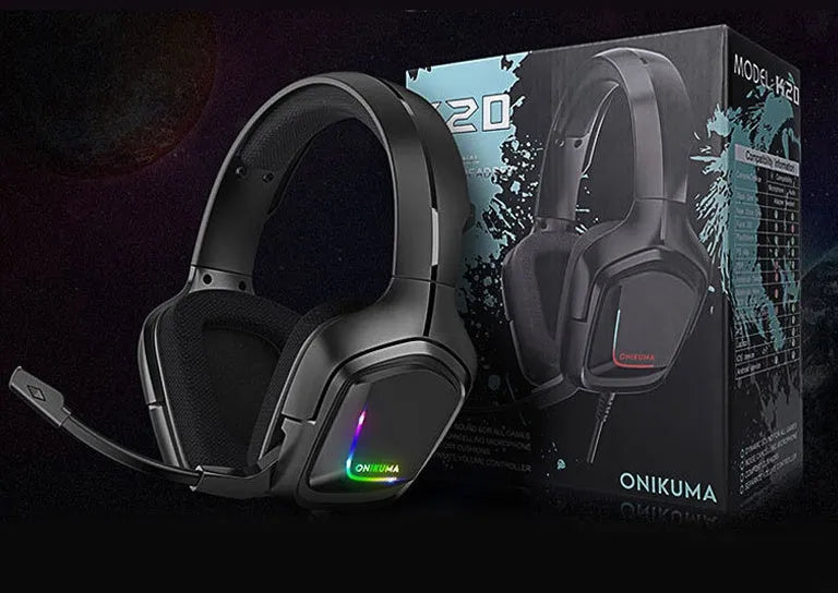 K20 wired gaming headset with RGB lights, cloth earmuffs, and a braided black cable.