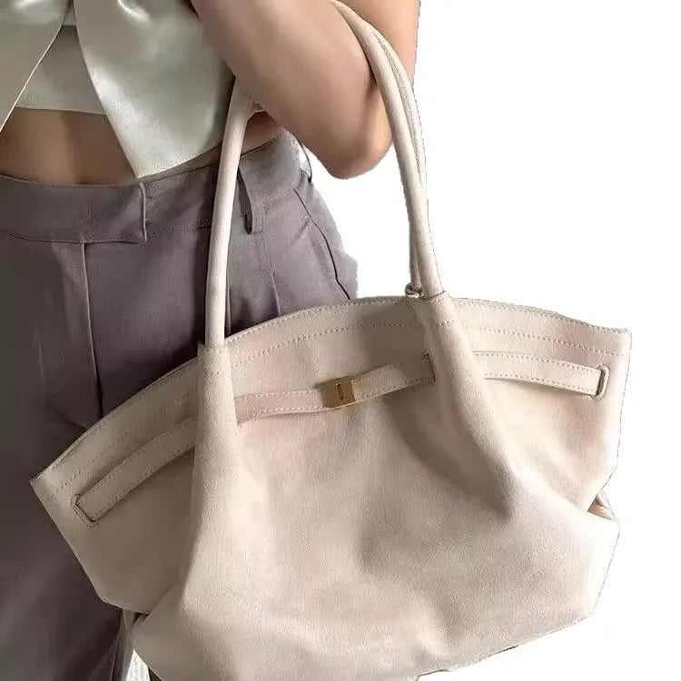 Milky white suede large capacity tote bag with double shoulder straps and zipper changing bag interior