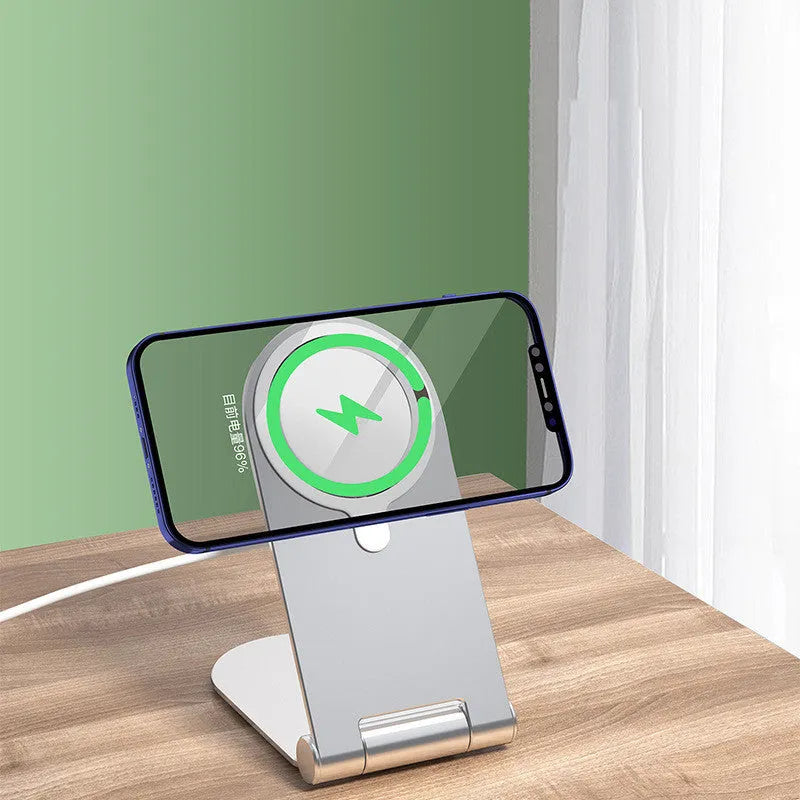 Silver vertical adjustable magnetic phone bracket for iPhone 12 measuring 105x110mm