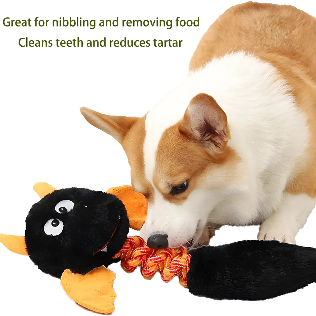 Large black plush dog toy with rope knot, shown next to a red and green version.