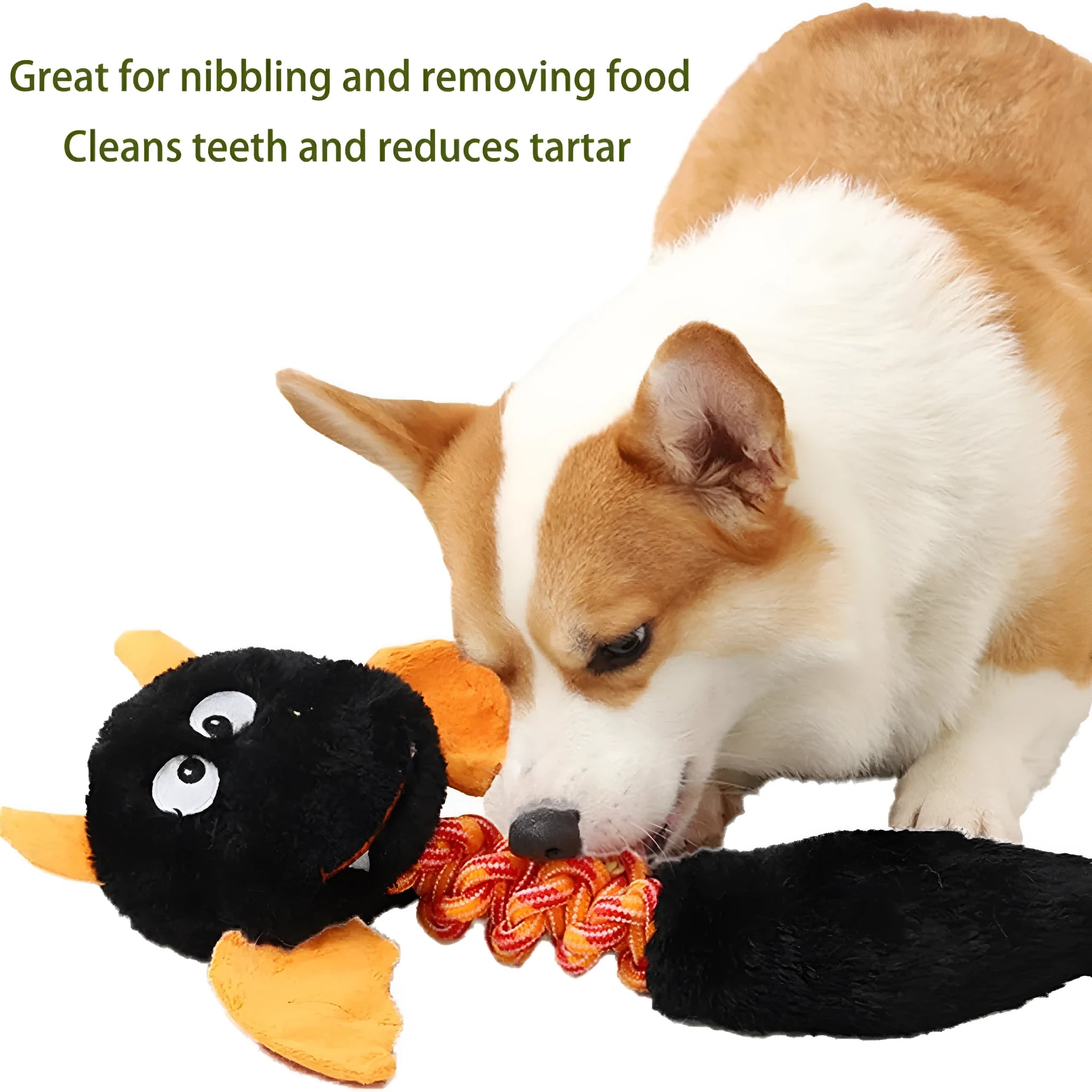 Large black plush dog toy with rope knot, shown next to a red and green version.