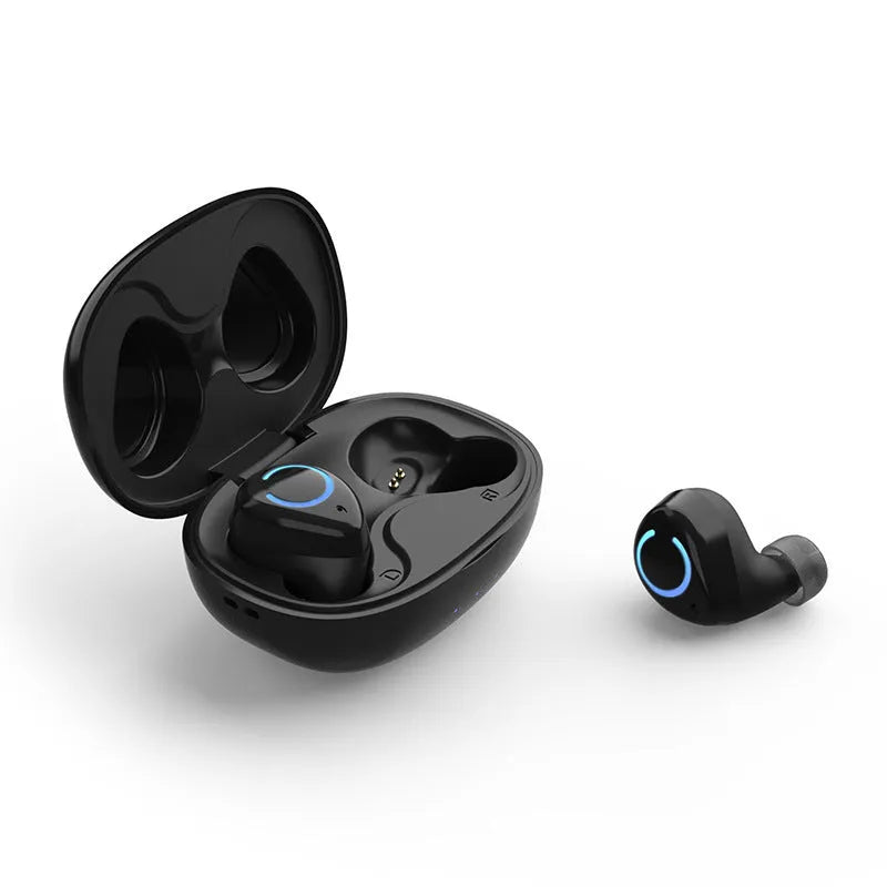 M18 true wireless in-ear stereo headset in black and white colours with charging case.
