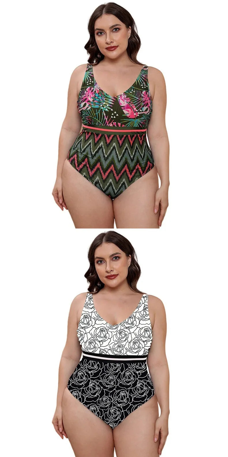 Women's printed spaghetti strap one-piece swimsuit in blue, white, and green patterns with vest style