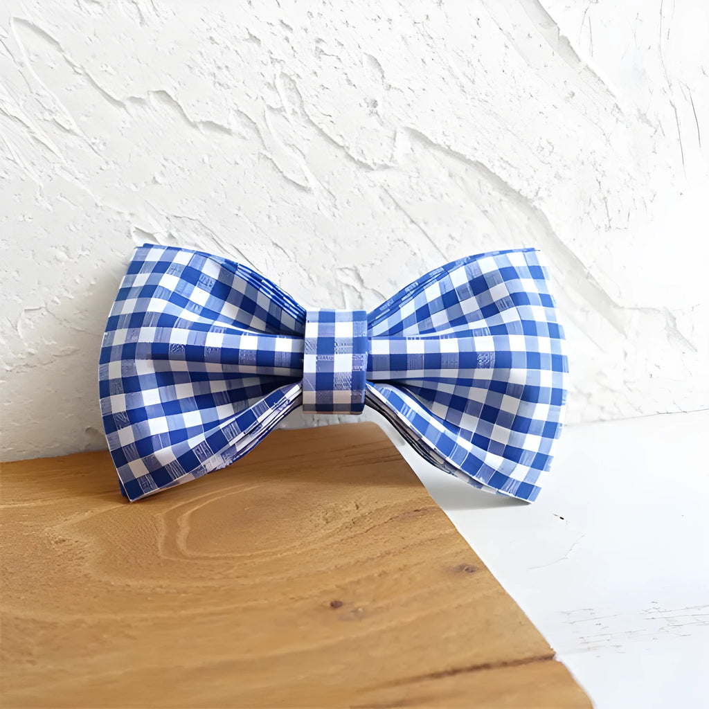 Blue checkered polyester dog bow tie on a collar, XS to XL size options available