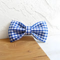 Blue checkered polyester dog bow tie on a collar, XS to XL size options available
