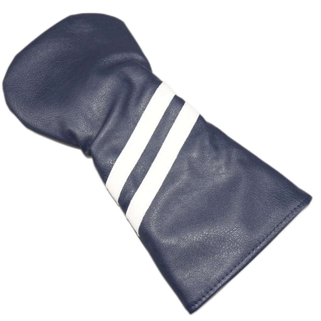 Golf club head cover with two oblique stripes in pu material, shown in available colours with size comparison