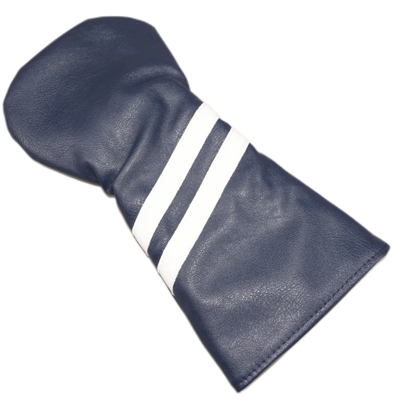 Golf club head cover with two oblique stripes in pu material, shown in available colours with size comparison