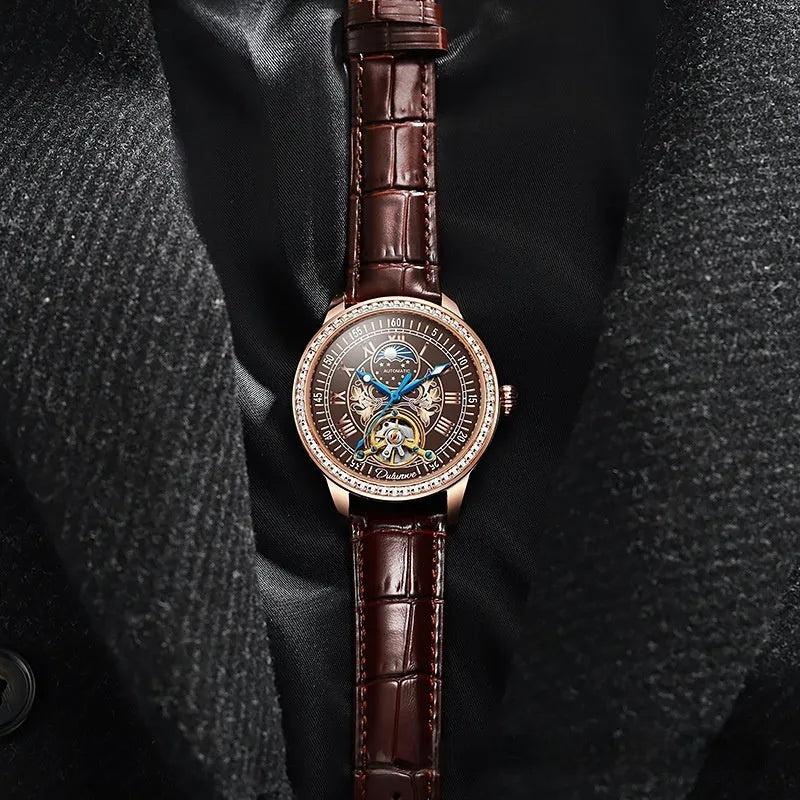 Men's waterproof mechanical watch with stainless steel case, transparent back showing movement, and mineral glass crystal.