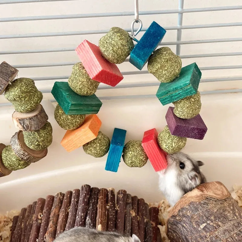 Hamster toy with ring, straw balls and applewood chew rod for small pets
