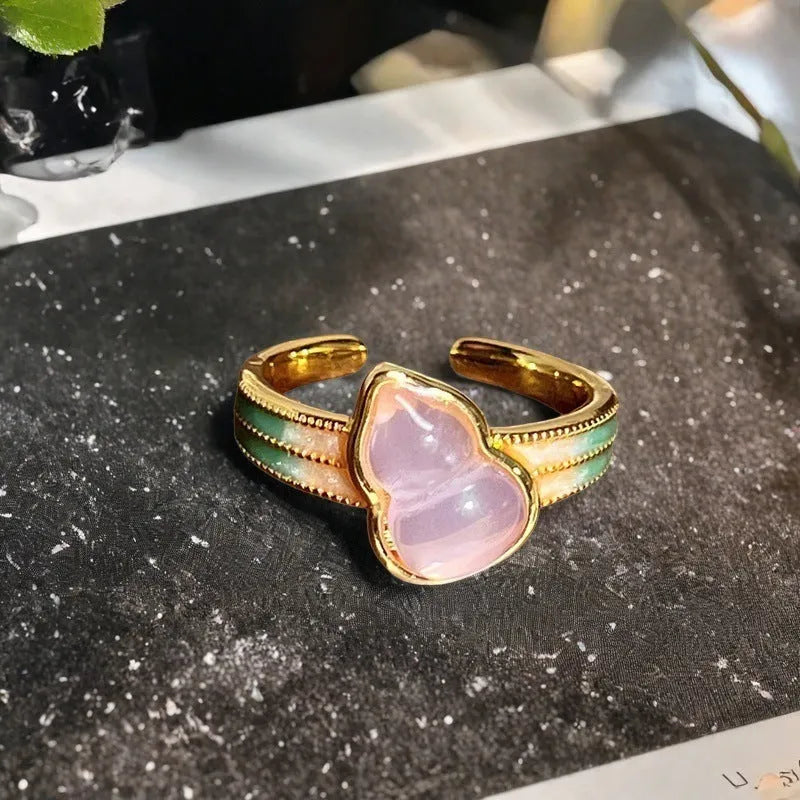 Adjustable vintage gourd ring with hand-painted oil drip finish and inlaid zircon stones