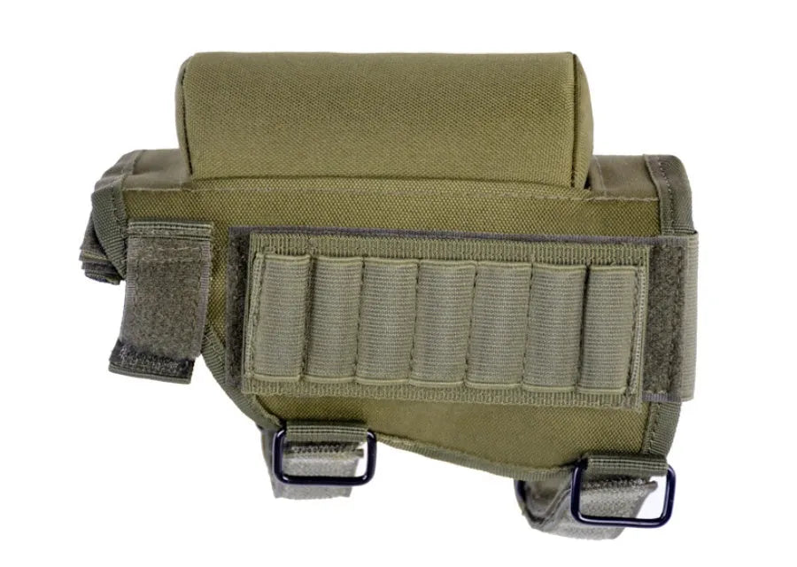 Tactical buttstock cheek rest ammo carrier with non-slip pad holding 7 rounds on a black rifle stock