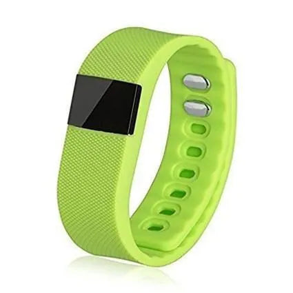 Ordinary bracelet pedometer in black, blue, green, orange, or yellow, showing display on 20mm wide wristband.