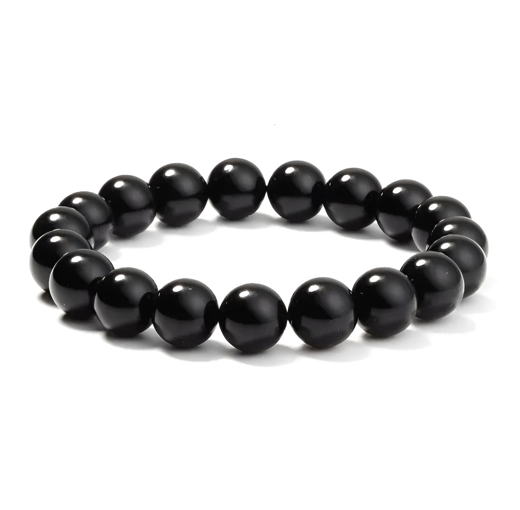 Geometric black agate bead bracelet for women with 8mm stones on a stretch elastic cord.